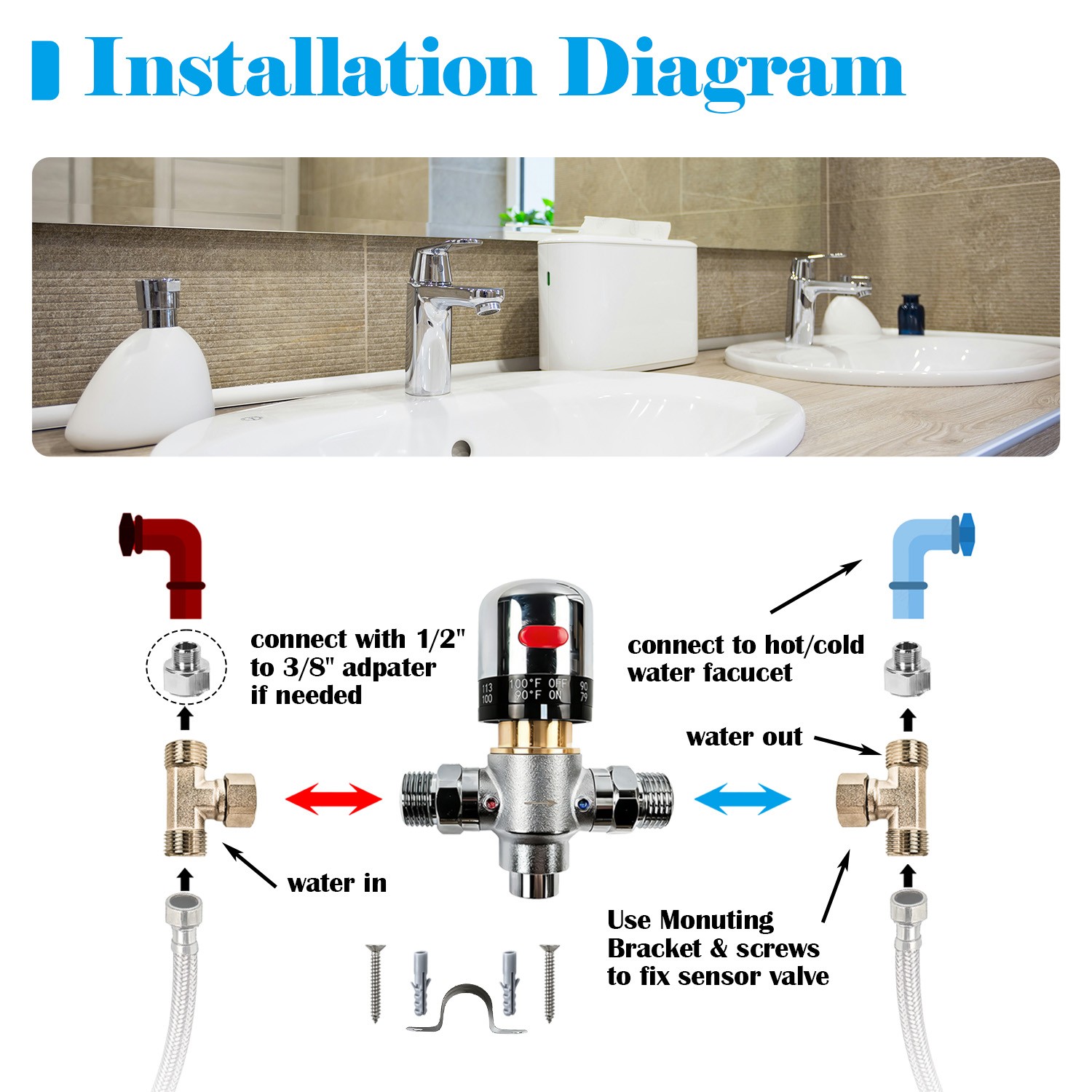 Adjustable Temperature Bypass Sensor Valve Kit for Instant Hot Water Recirculati