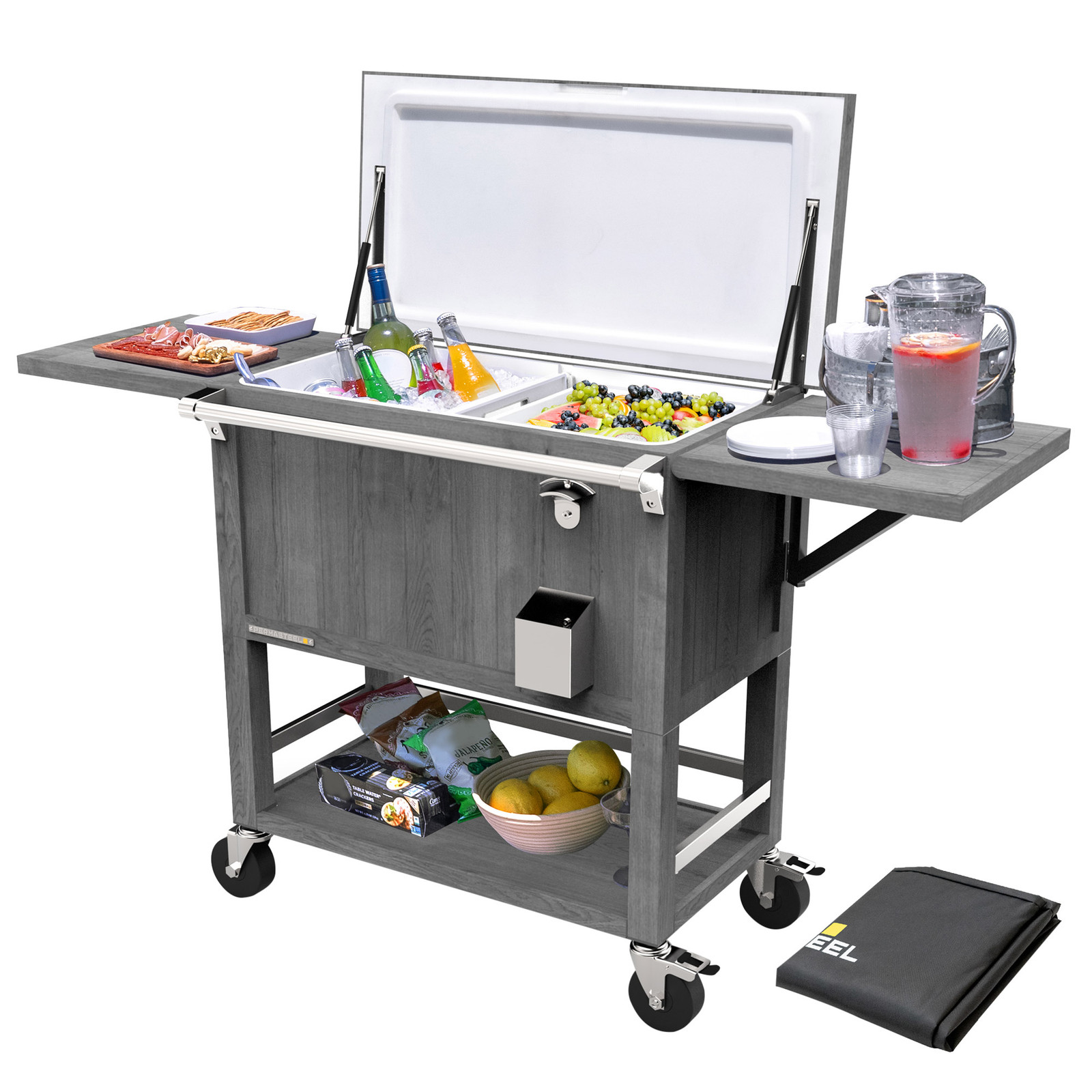 Permasteel Patio Cooler Cart Rolling Ice Chest Outdoor 150 Can Steel Shelf