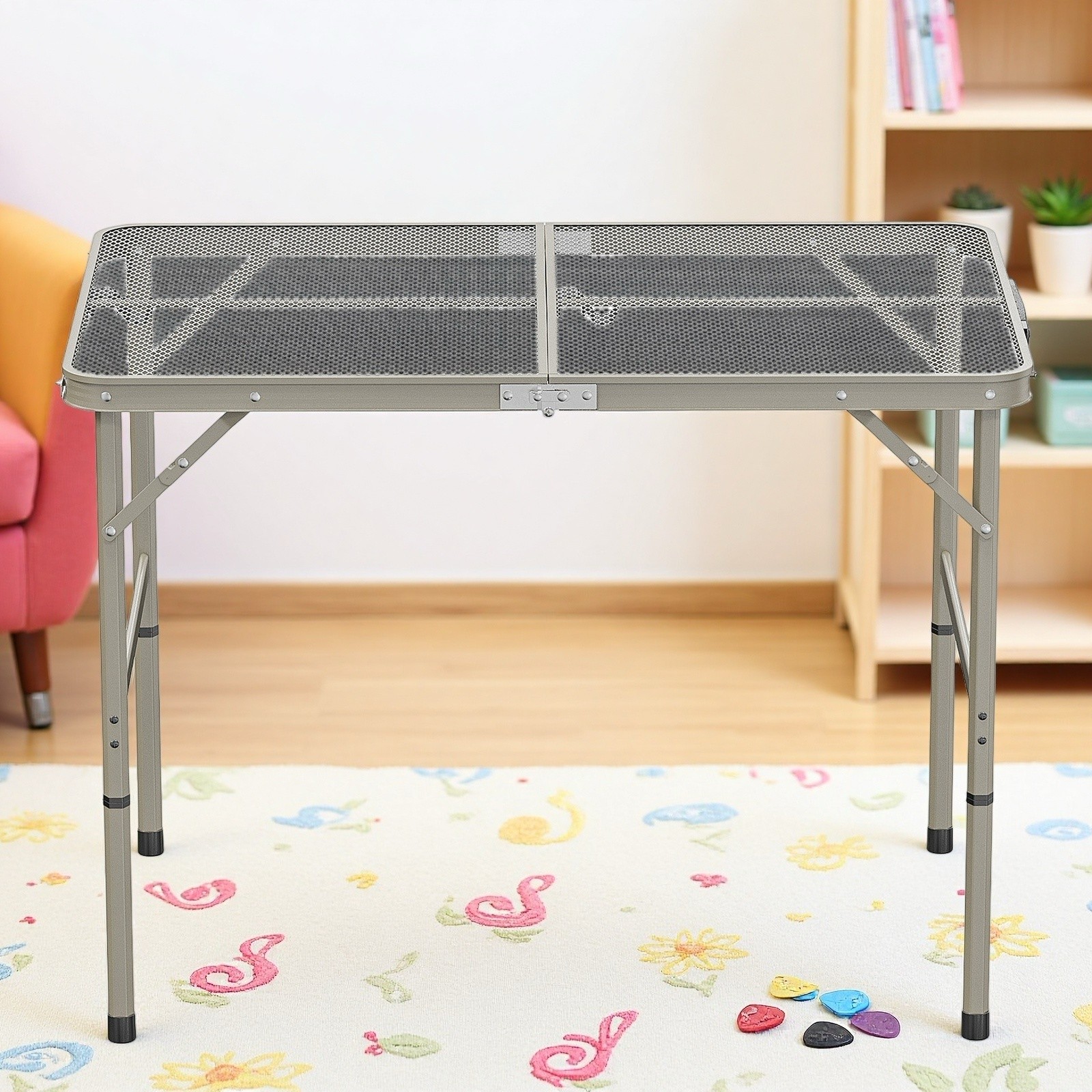 3ft Folding Camping Wire Mesh Table - Adjustable Aluminum Frame Picnic Dark Gray