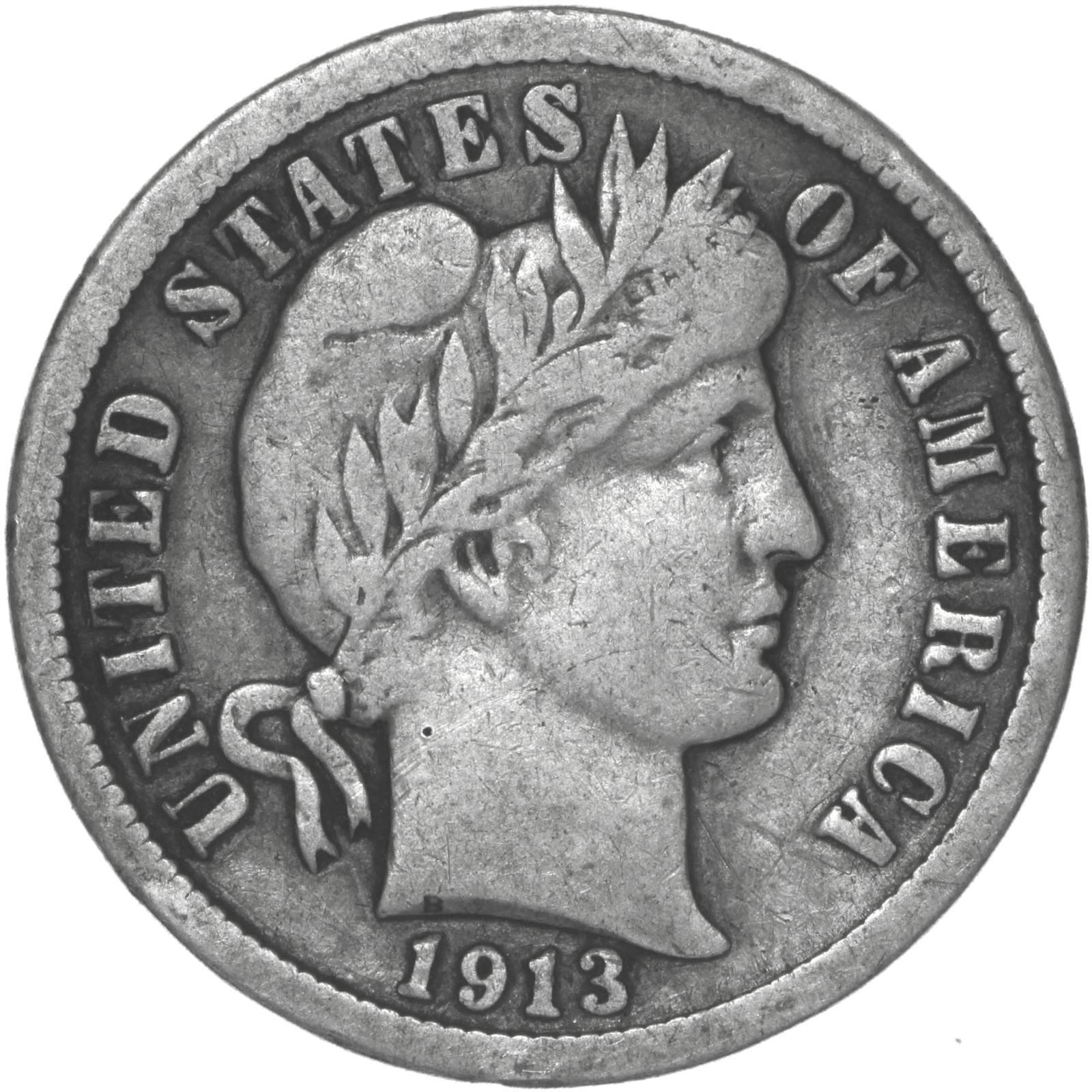 1913 (P) Barber Dime 90% Silver Fine FN