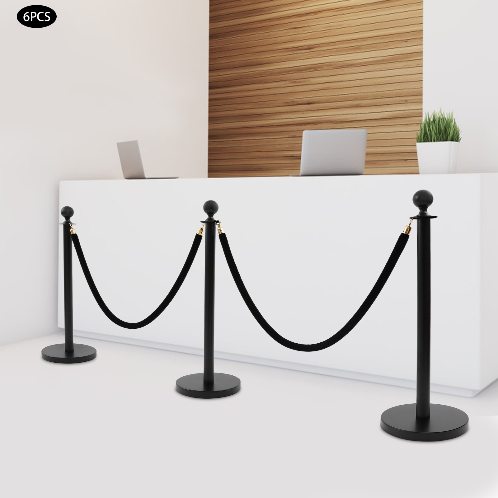 6 PCS Black Stanchion Posts Queue Pole w/ 4 1.5M Ropes Crowd Control Barrier NEW