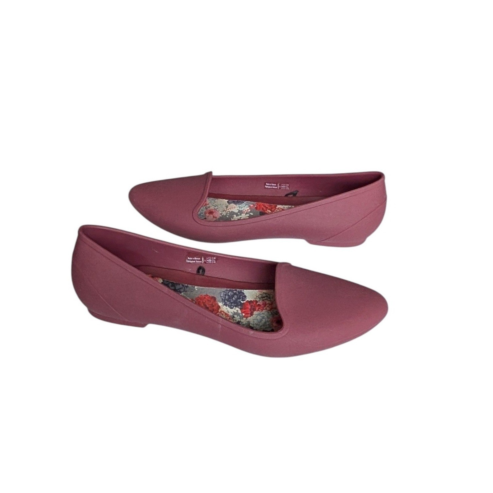 Crocs Sienna Burgundy Wine Pointed Toe Loafers Ballet Flats Sz 7 Floral Insole