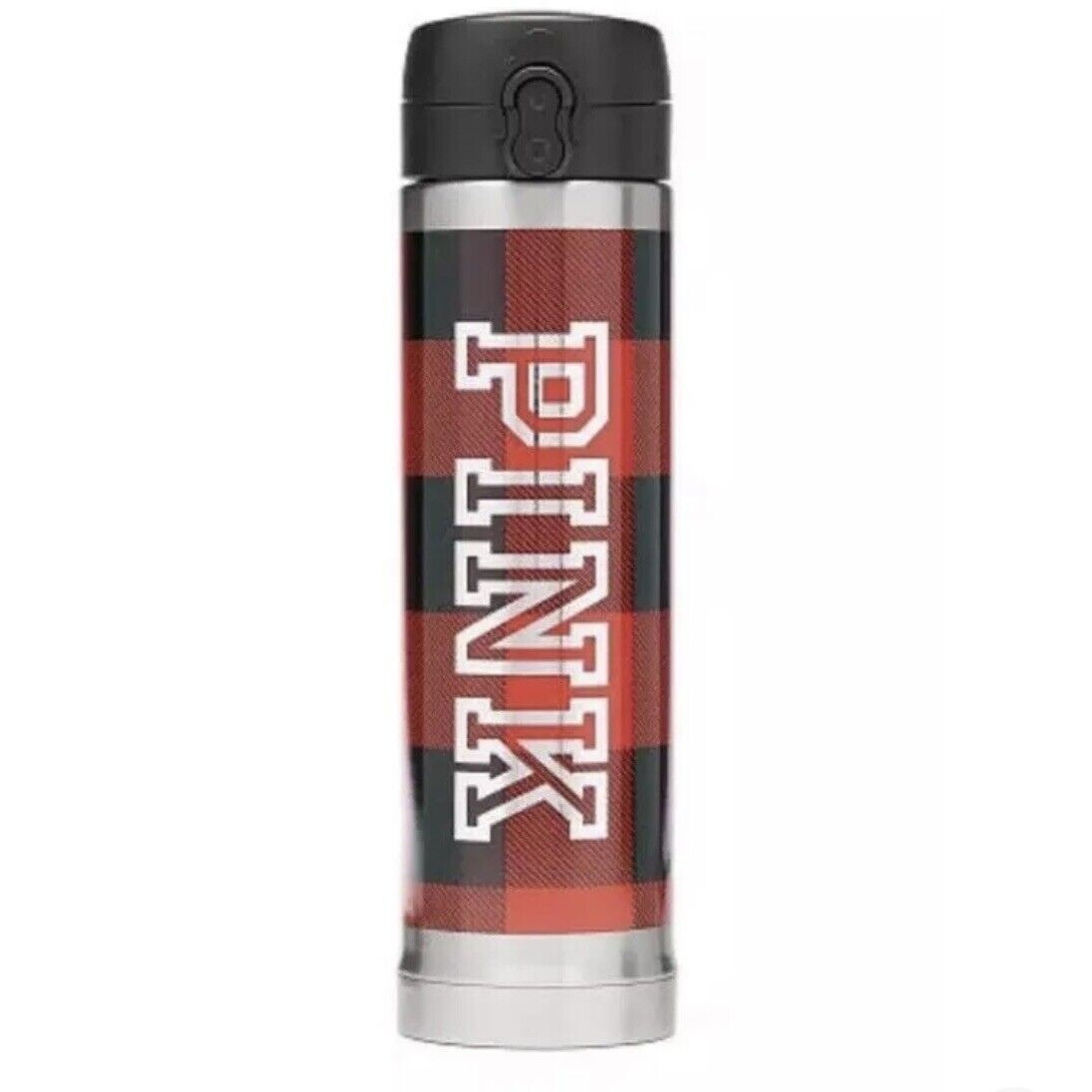 New Victoria's Secret PINK Thermo Water Bottle Tumbler Black Red Plaid 15oz NWT