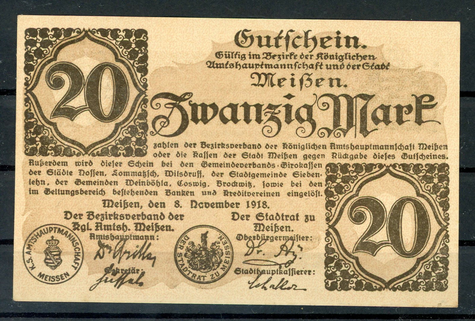 Meissen 20 Mark Notgeld Banknote Dated 8.11.1920 2/19725