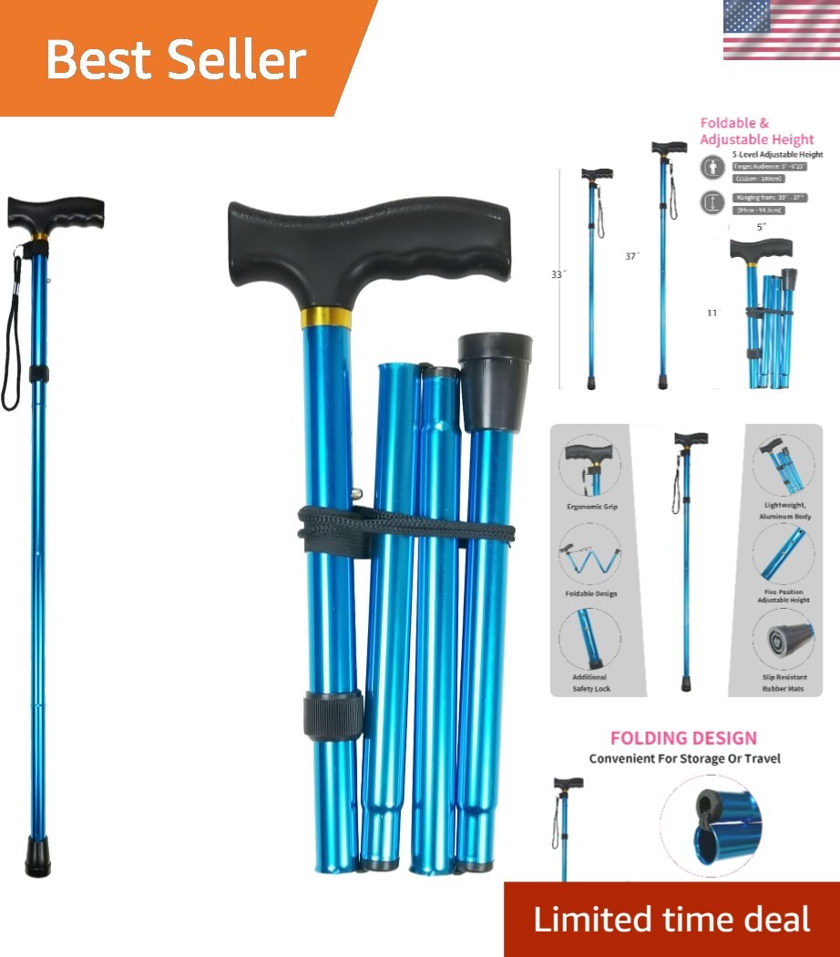 Travel-Friendly Folding Cane - Lightweight, Adjustable for 5 ft to 6.22 ft Users