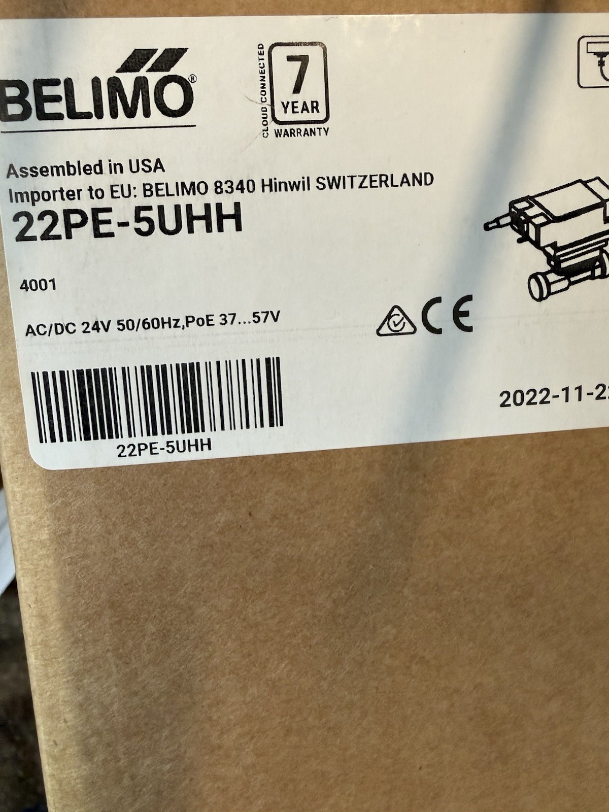 Belimo 22PE-5UHH Damper Actuator 24V AC/DC PoE 37-57V Corded Electric