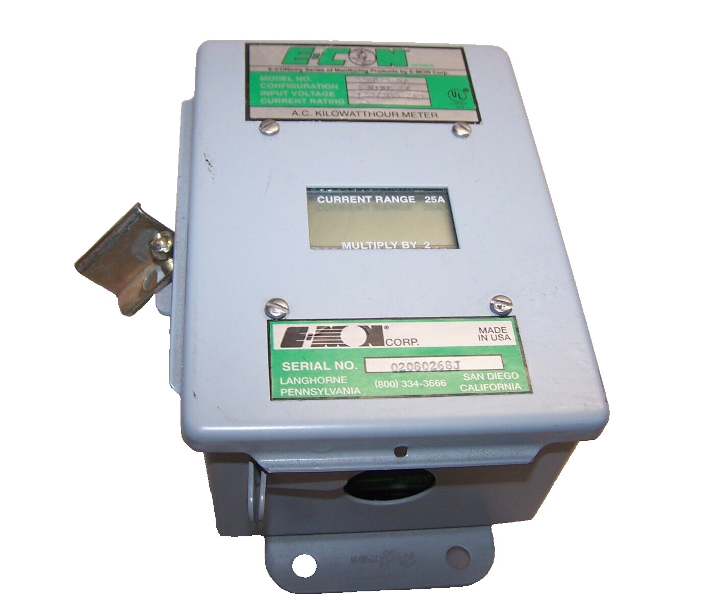 E-MON 25 AMP AC KILOWATTHOUR METER 3W 2 PHASE 120/208-240 VAC 320825-SA