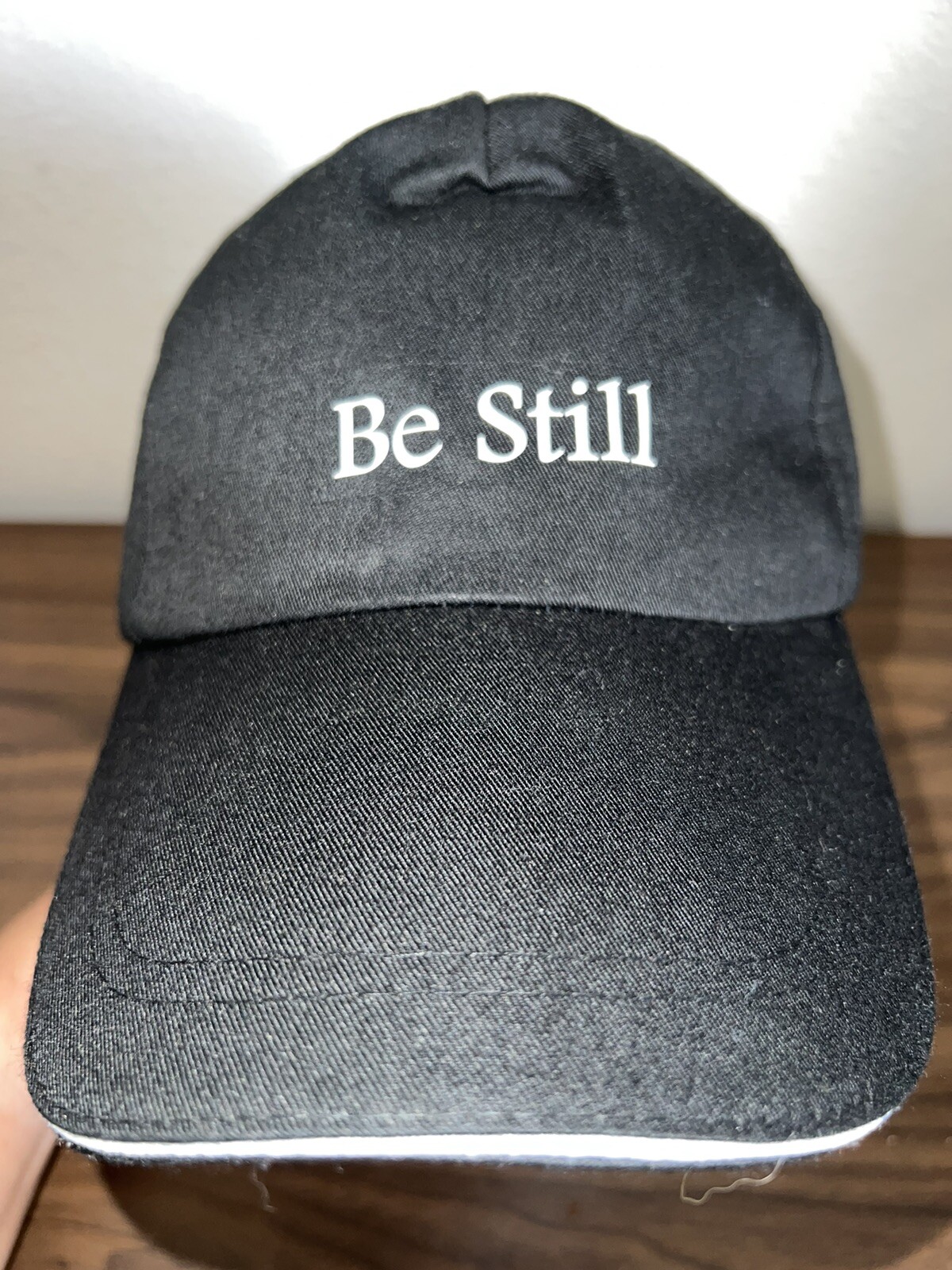 Be Still White embroidered on Black Hat Cap Strap Metal buckle Unbranded EUC