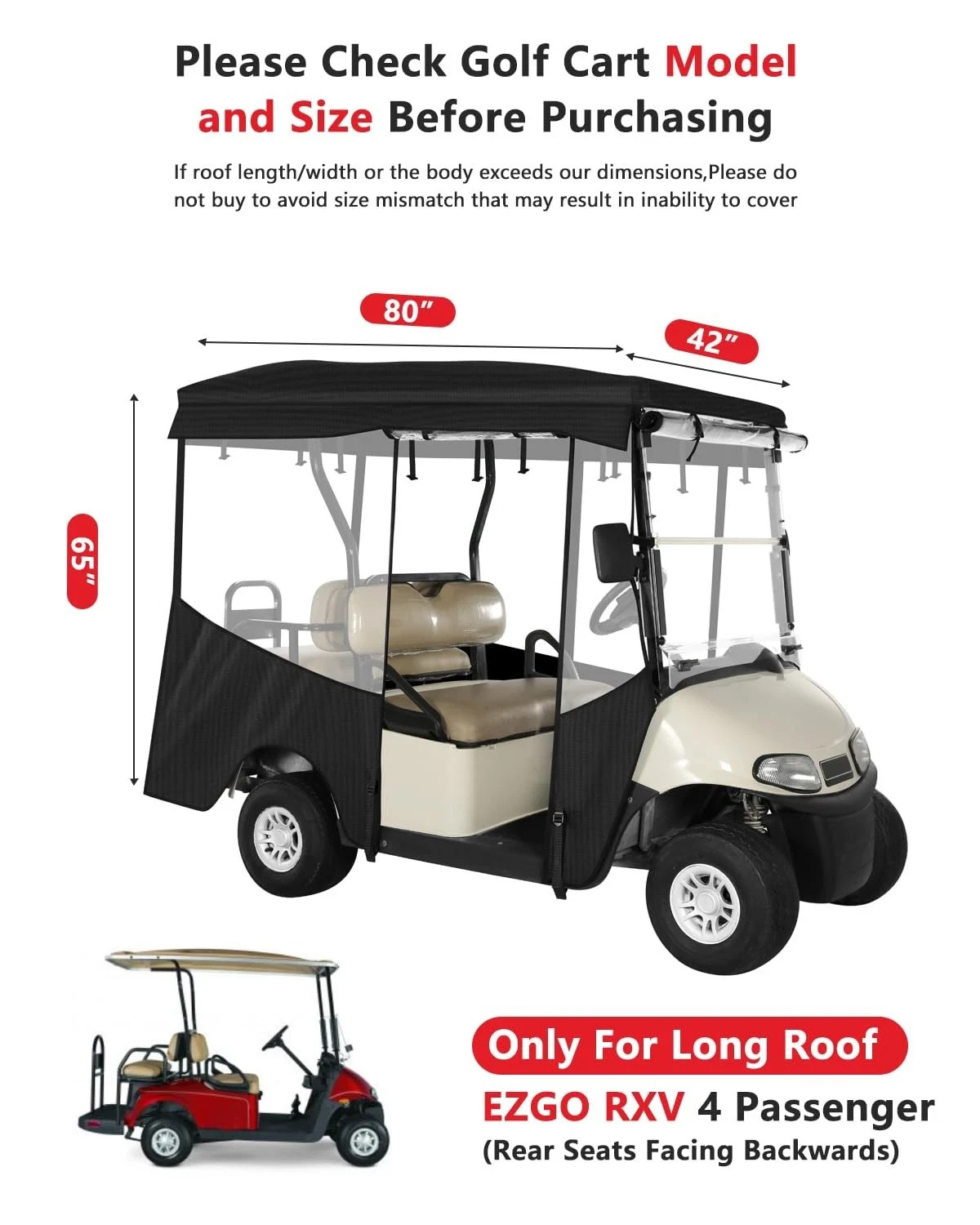 Golf Cart Enclosure 4 Passenger for EZGO RXV 4 Passenger Extended Roof Black