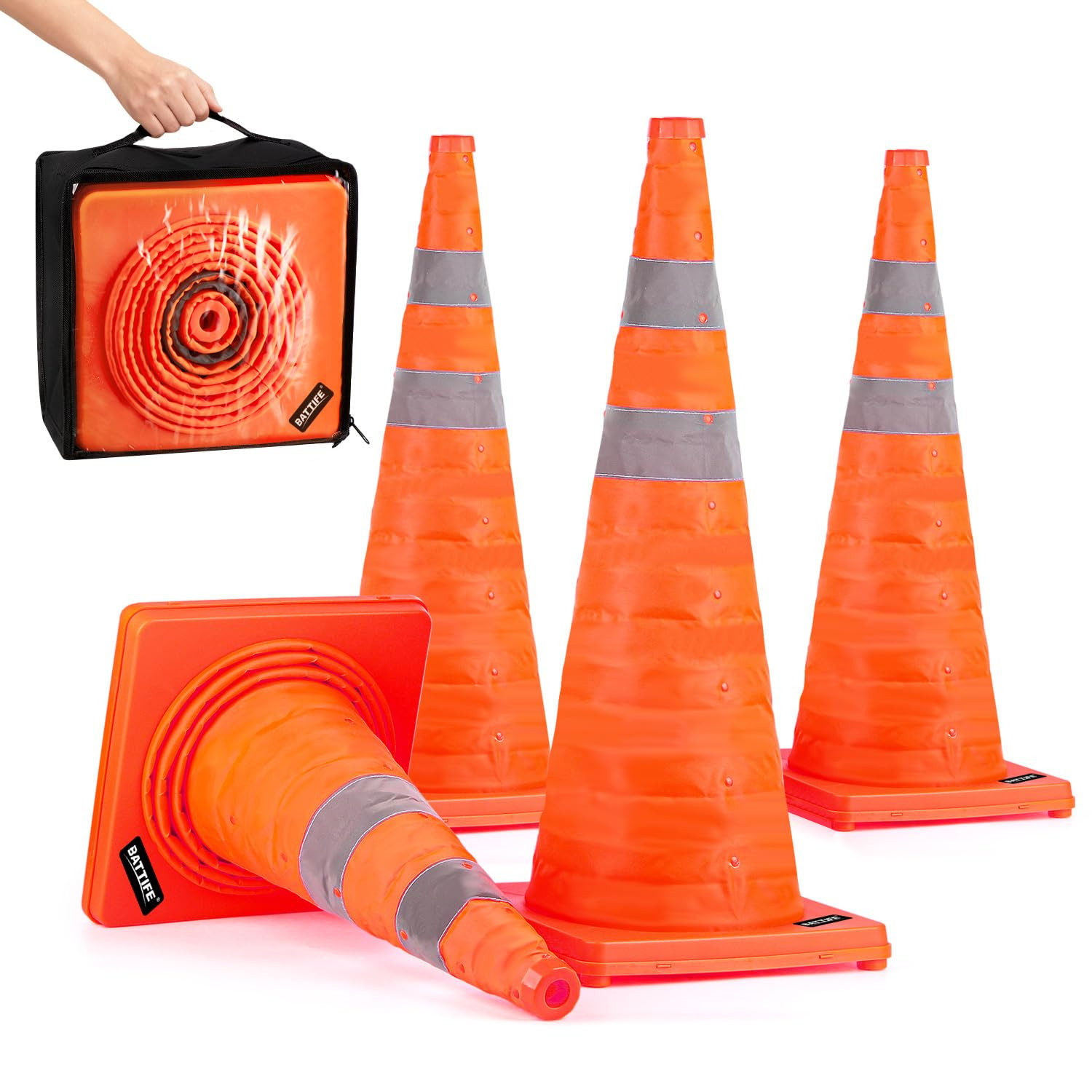 BATTIFE [4 Pack] 28 Inch Collapsible Traffic Safety Orange Cones, Multi Purpose