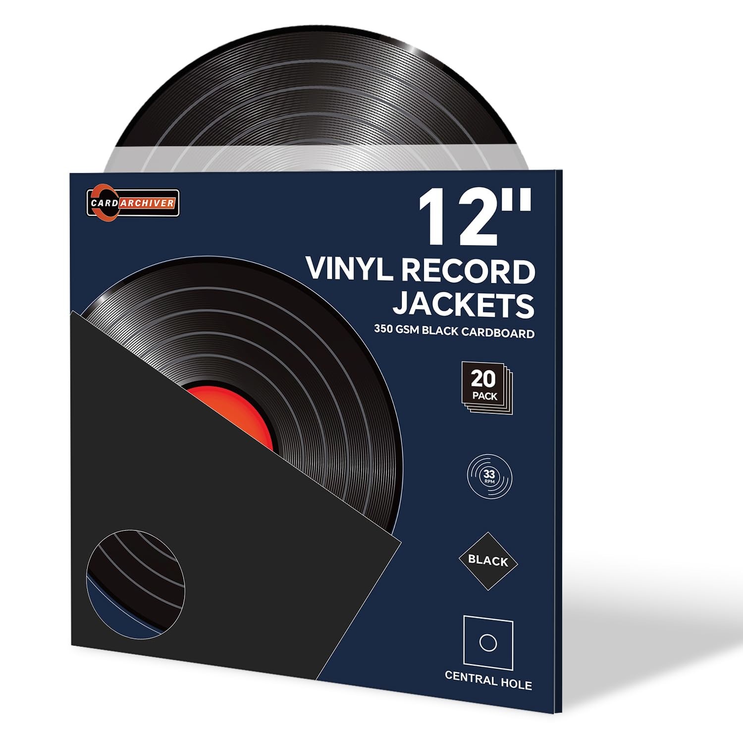 20PCS 12 Inch Black Vinyl Record Jackets, Thick Cardboard Sleeves with Center Ho