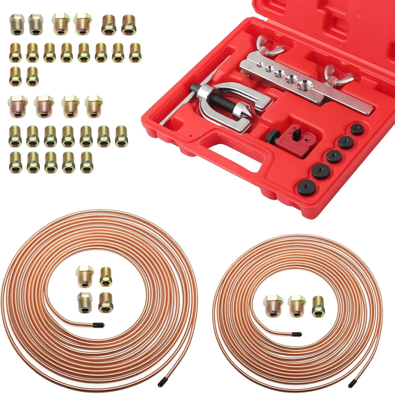 Brake Line Repair Kit 3/16 + 1/4 25FT Copper Pipe Flaring Tool 32 Fittings Nuts