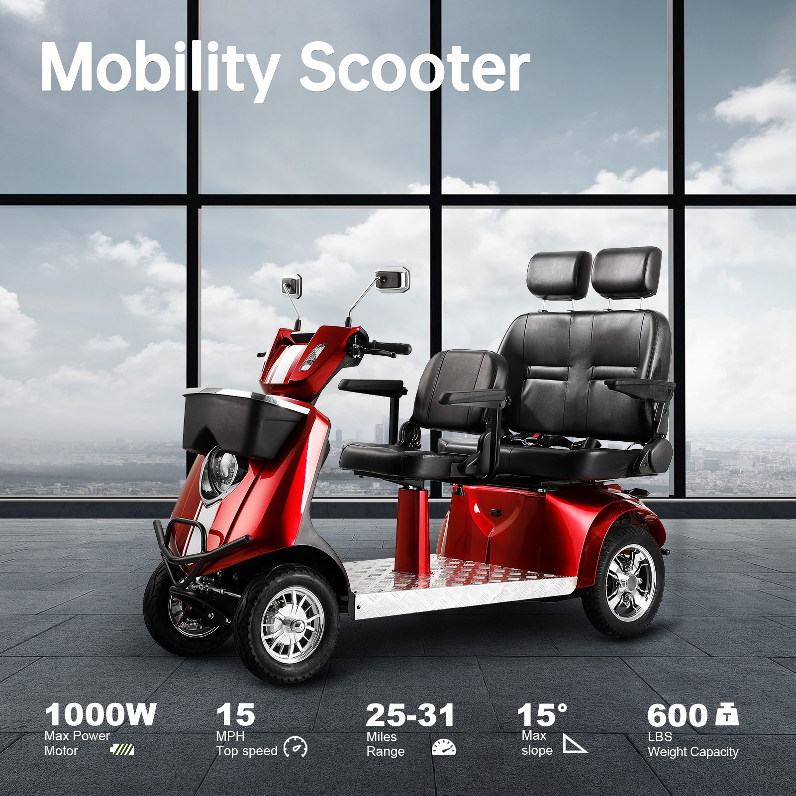 1000W Heavy Duty 3-Passenger Electric Seniors Mobility Scooter 600lb 31 miles