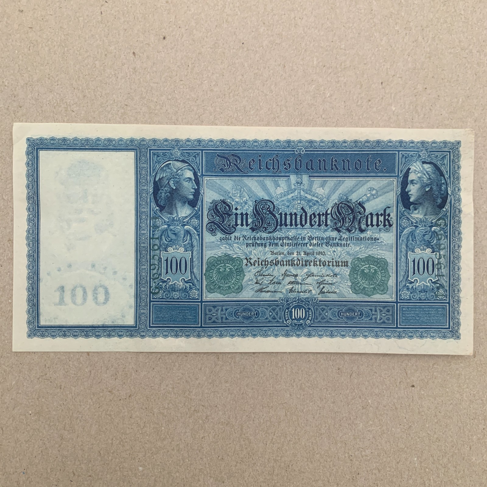 1910 Large Germany 100 Mark Banknote. WWI WW1 Era Currency. Bismarck & Mercury