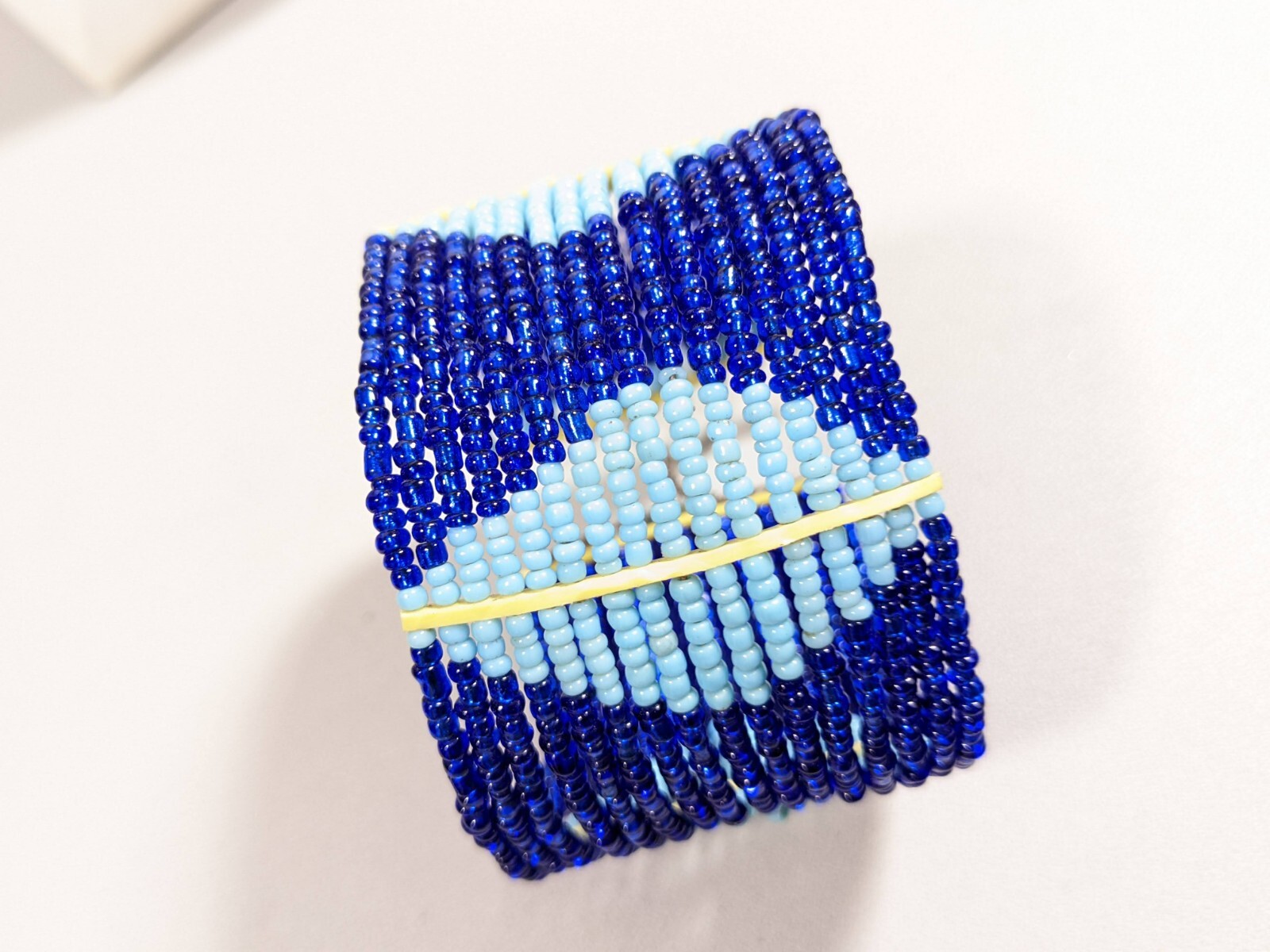 Artisan Blue Glass Bead Yellow Tribal Style Wide Cuff Bracelet 6.75 inchs