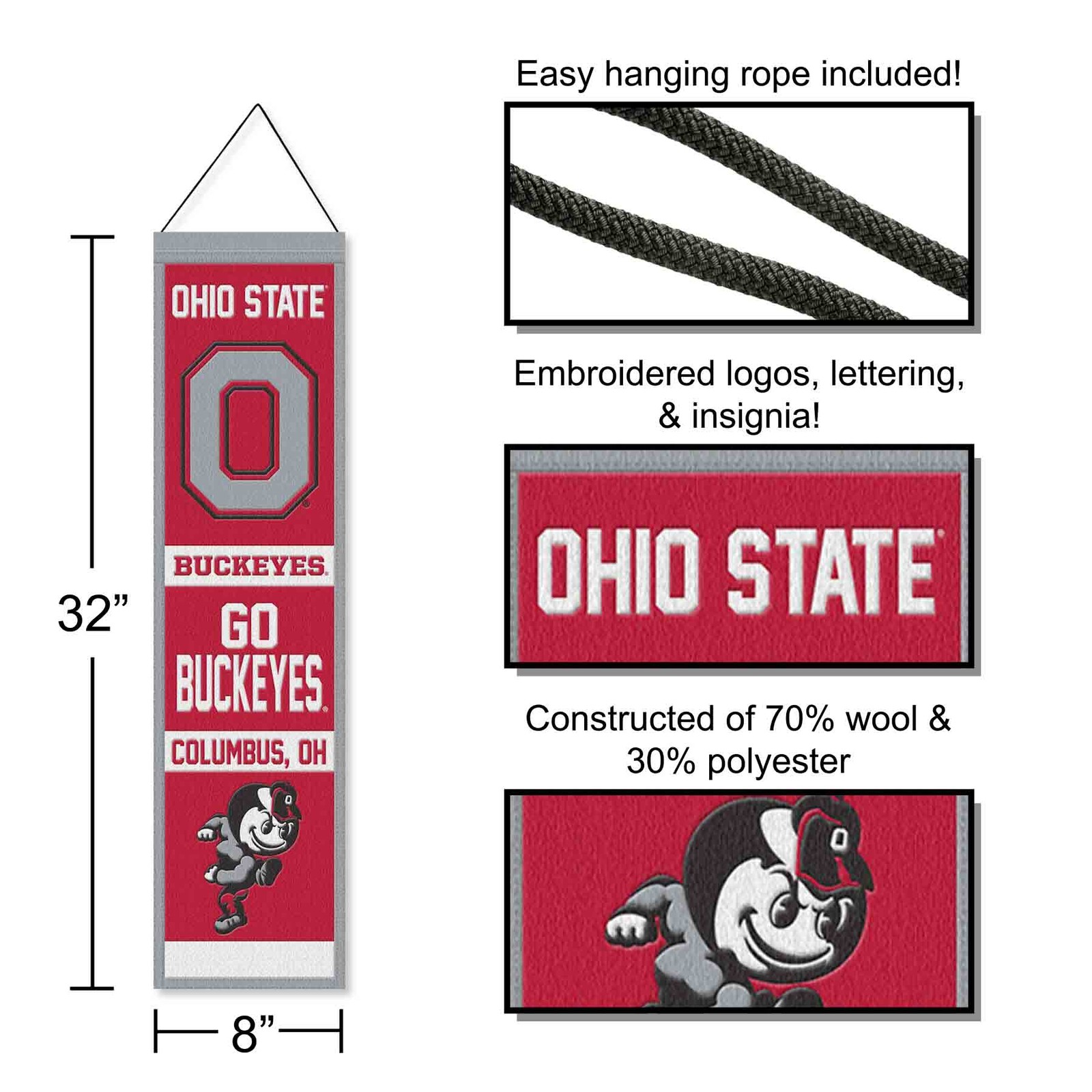 Ohio State Buckeyes Evolution 8x32 Inch Vertical Wool Embroidered Hanging Banner