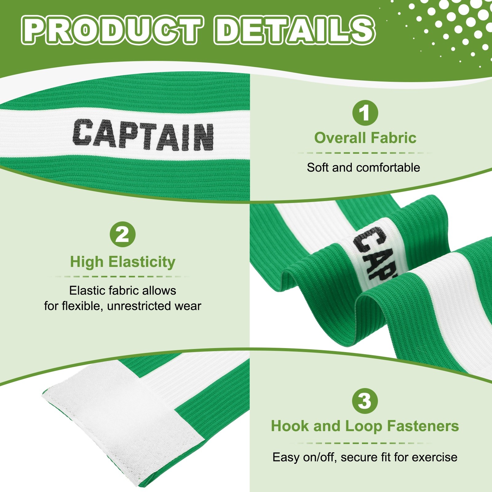 3Pcs Soccer Captain Armbands, Adjustable Captain Bands, Green&White