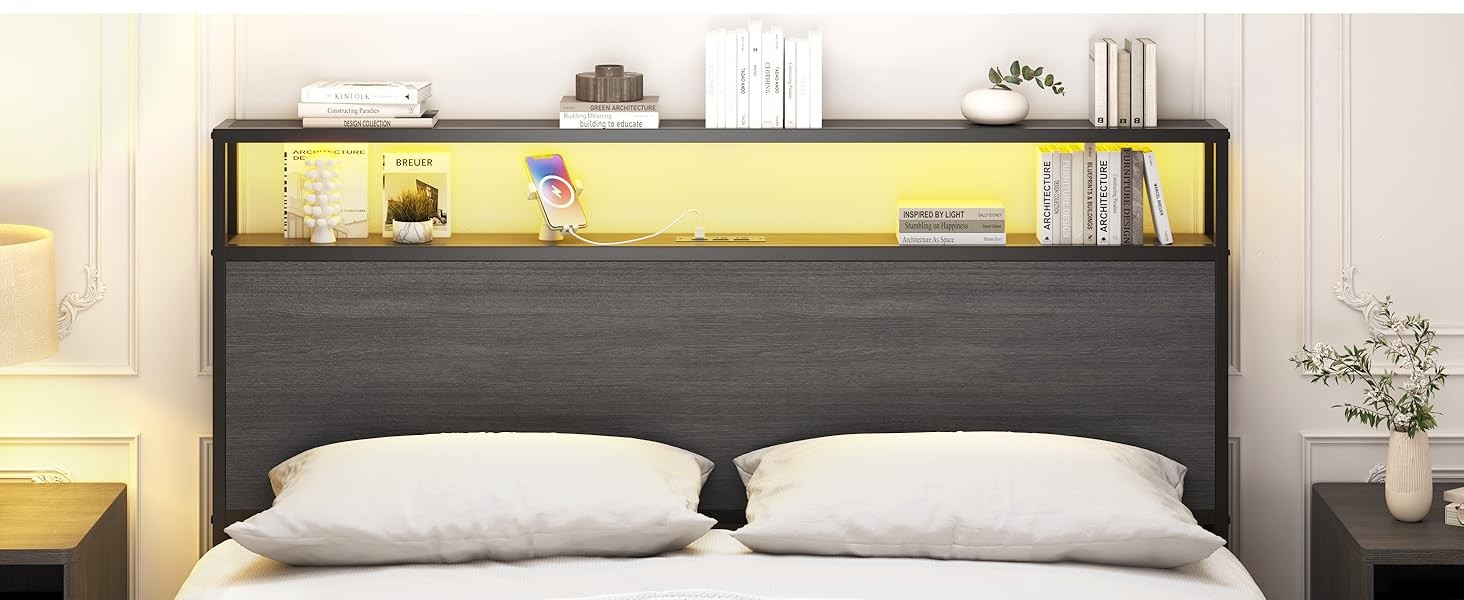 Queen Bed Frame with 2-Tier Storage Headboard, Bedroom Metal Bed Frame with 2