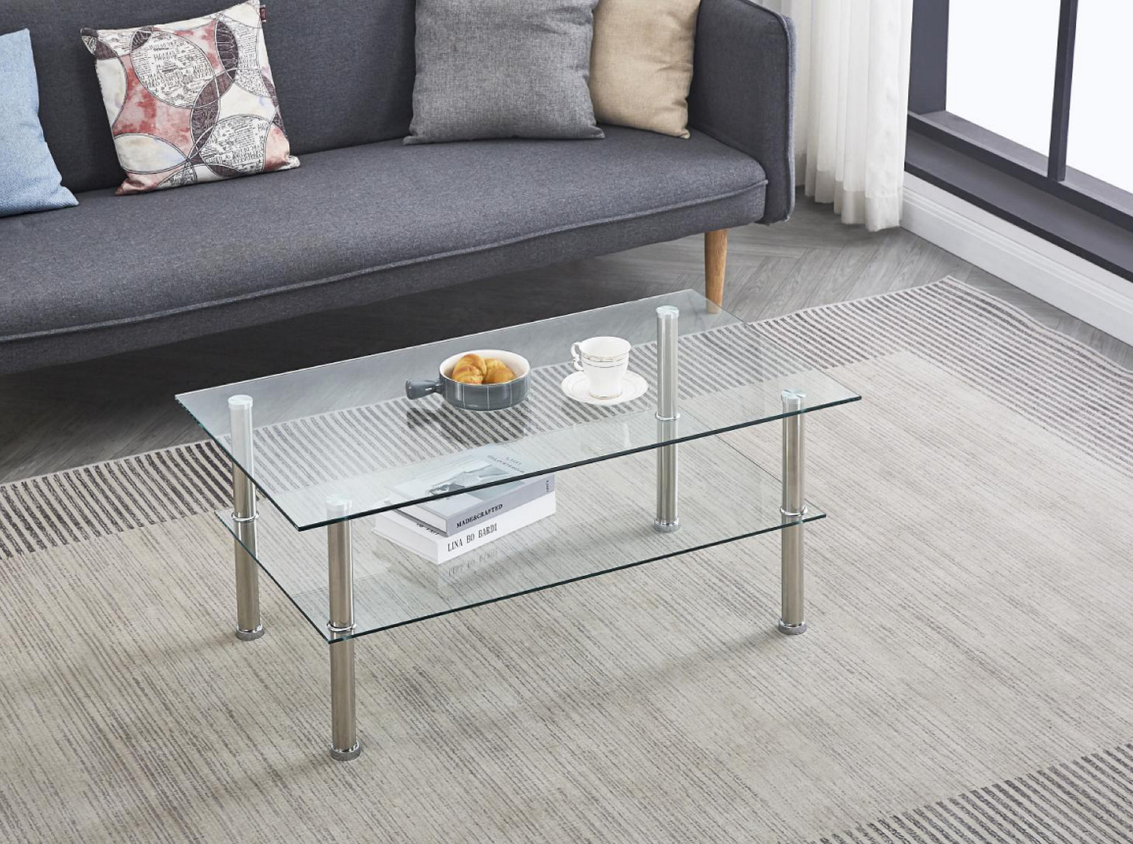 2-Layer Space Coffee Table ,Modern Sofa table with Storage Shelve for Living Ro