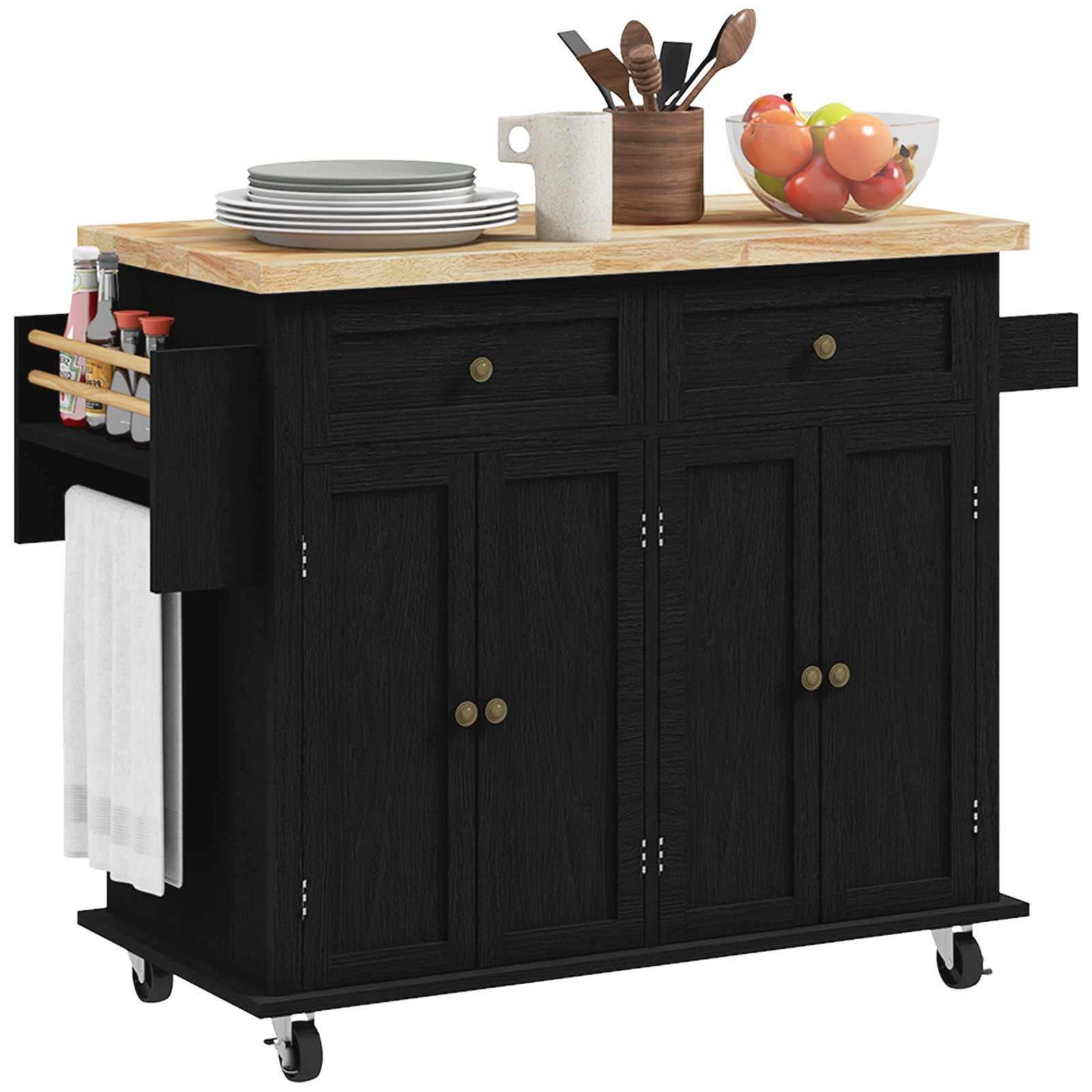 Modern Rolling Kitchen Island Cart with Spice Rack, Distressed Black