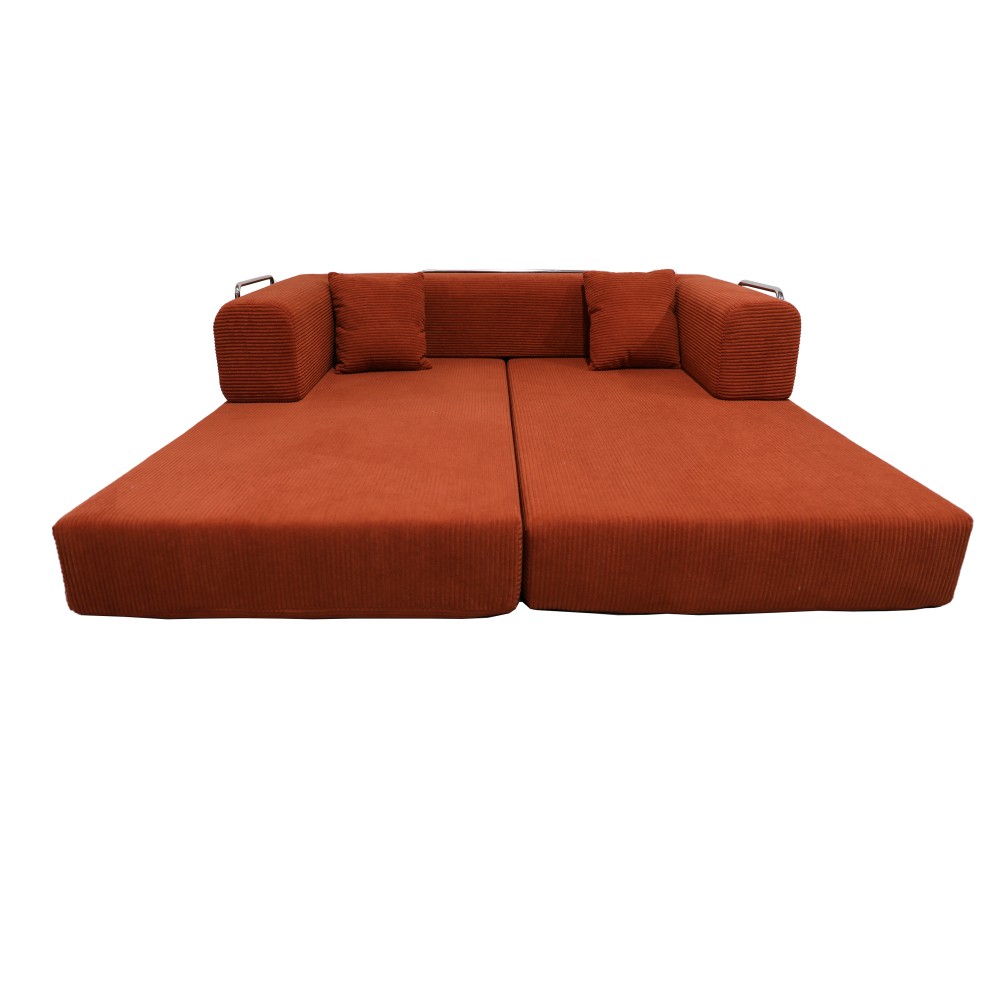 Sleeper Sofa Bed 2-Seater Convertible Couch Corduroy Foam Orange
