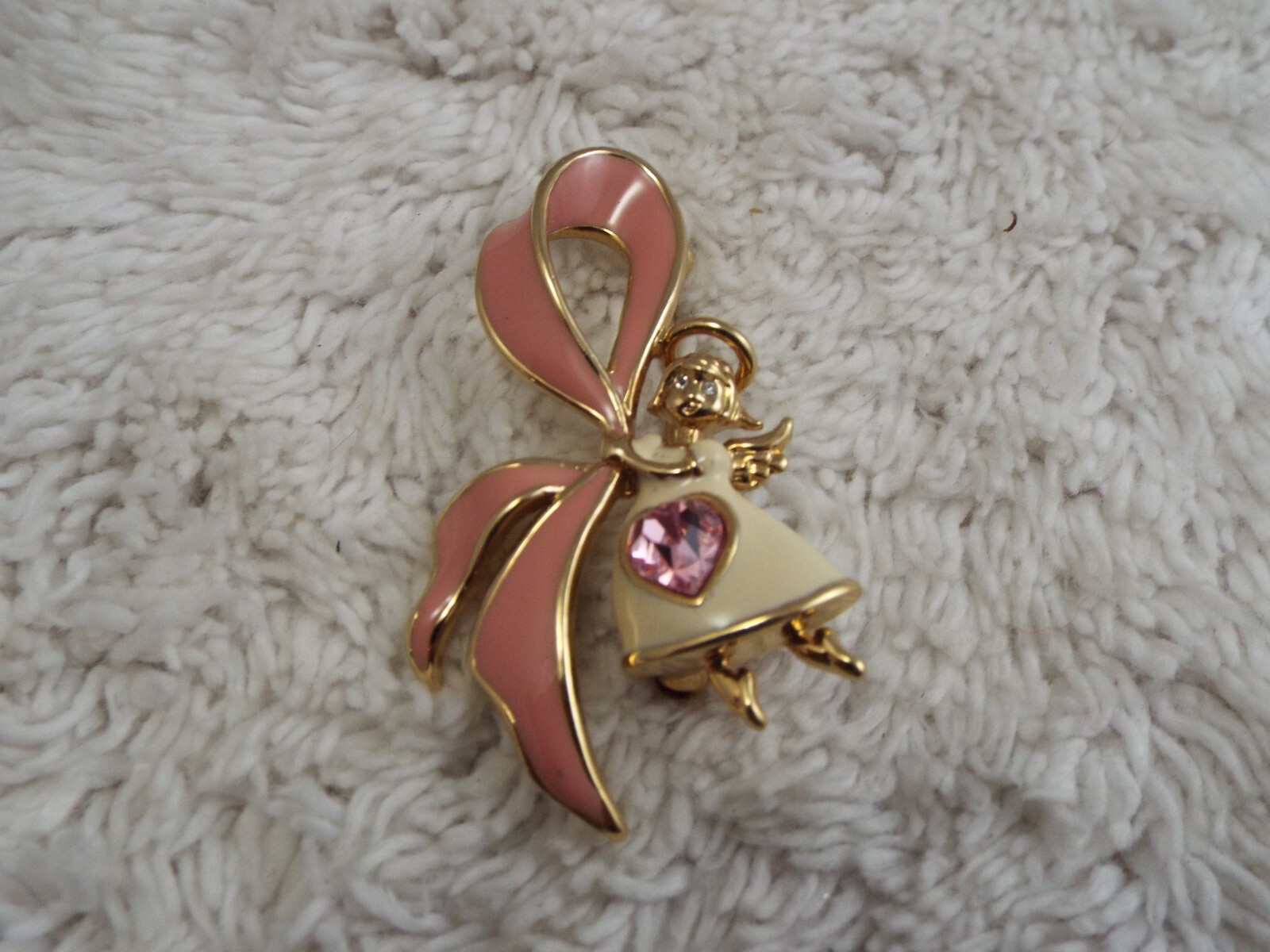 BOB MACKIE Goldtone Pink Rhinestone Angel Awareness Ribbon Pin (C38)
