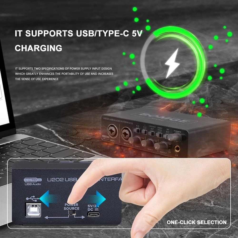 BOMGE U202 USB Audio Interface 2 Channels 192kHz for Recording & Streaming