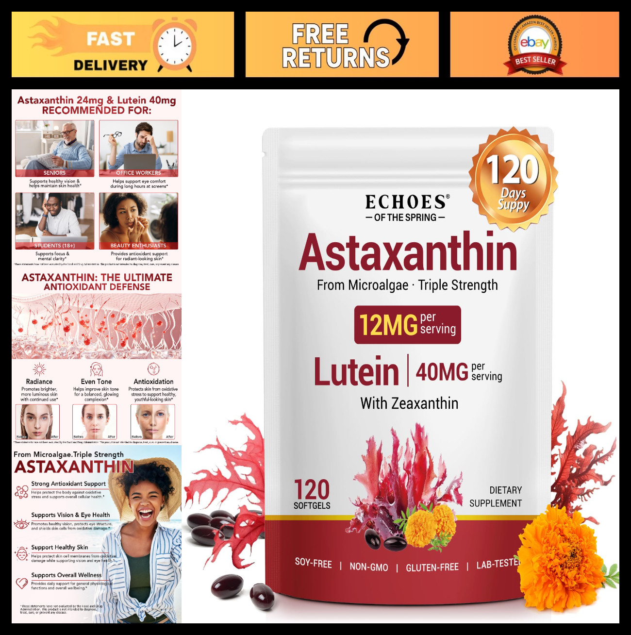 Astaxanthin 12MG & Lutein 40MG with Zeaxanthin - Eye & Skin Health, Antioxidant,