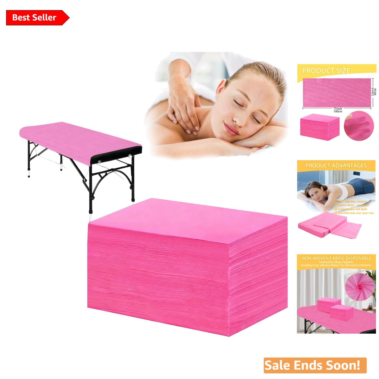Luxurious 31" x 71" Pink Massage Table Covers - 100 Count, Waterproof & Odorless