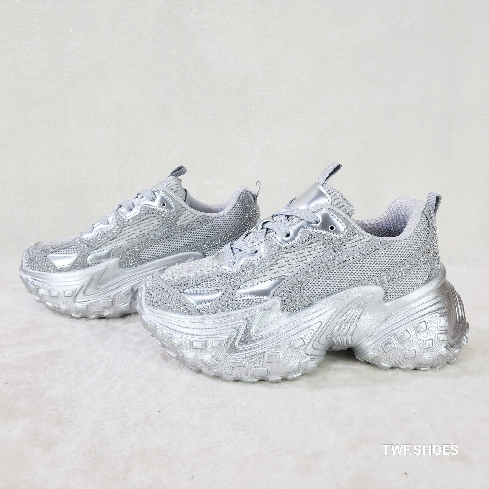 Cush Sparkle Sport Rhinestone Comfy Platform Light Weight Sneakers Silver