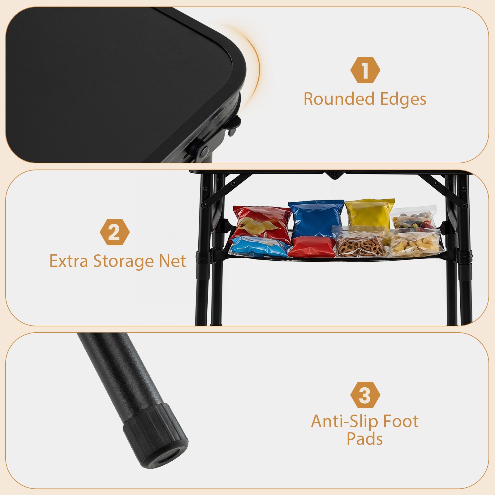 2 FT Small Folding Camping Table w/3 Adjustable Heights Storage Net Carry Handle
