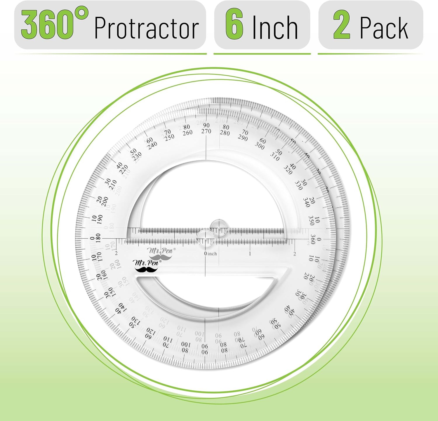 - 360 Degree Protractor, 6 Inch, 2 Pack | Clear Full-Circle Protractors for P...