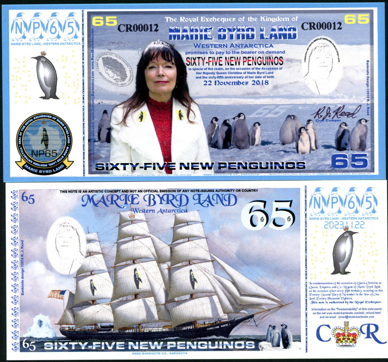 MARIE BYRD LAND 65 NEW PENGUINOS QUEEN CHRISTINE BIRTHDAY REGULAR FANTASY NOTE!