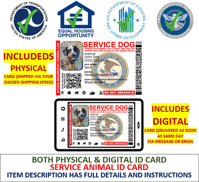 ADA SERVICE DOG  ID CARD - PHYSICAL & DIGITAL CARD - DUAL SIDED PLASTIC PVC