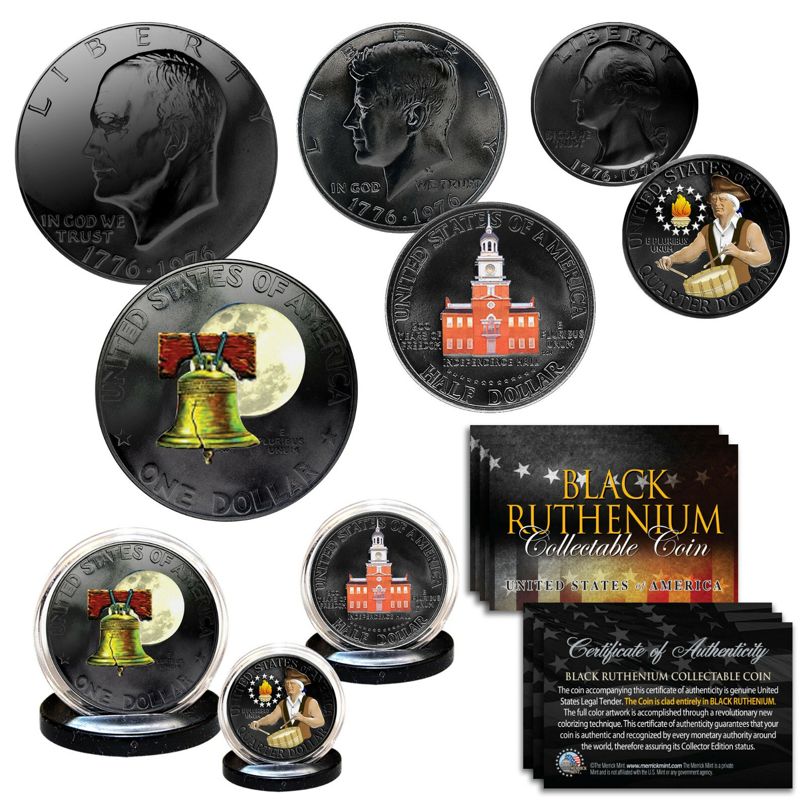 DUAL BLACK RUTHENIUM & COLOR 1976 Bicentennial US JFK / IKE / QUARTER 3-Coin Set