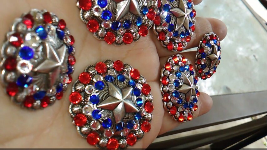 6 pc crystal bling saddle concho set star red, white, n blue crystals