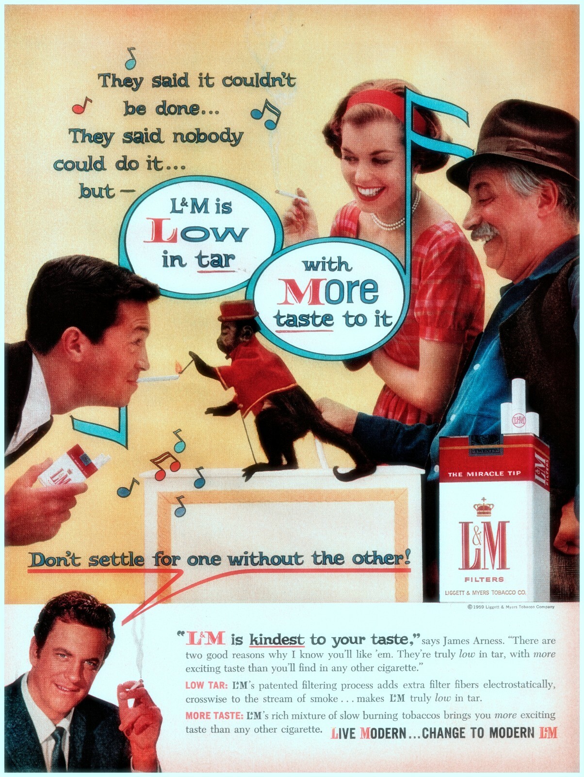 1959 L&M Cigarettes Vintage Print Ad James Arness Monkey Organ Grinder