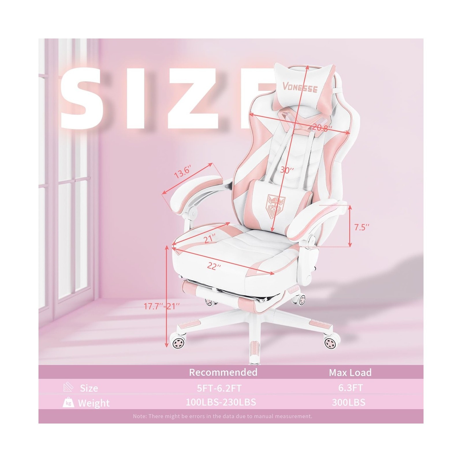 White/Pink Gaming Chair w/ Footrest and Massage + Lumbar Support and High Back