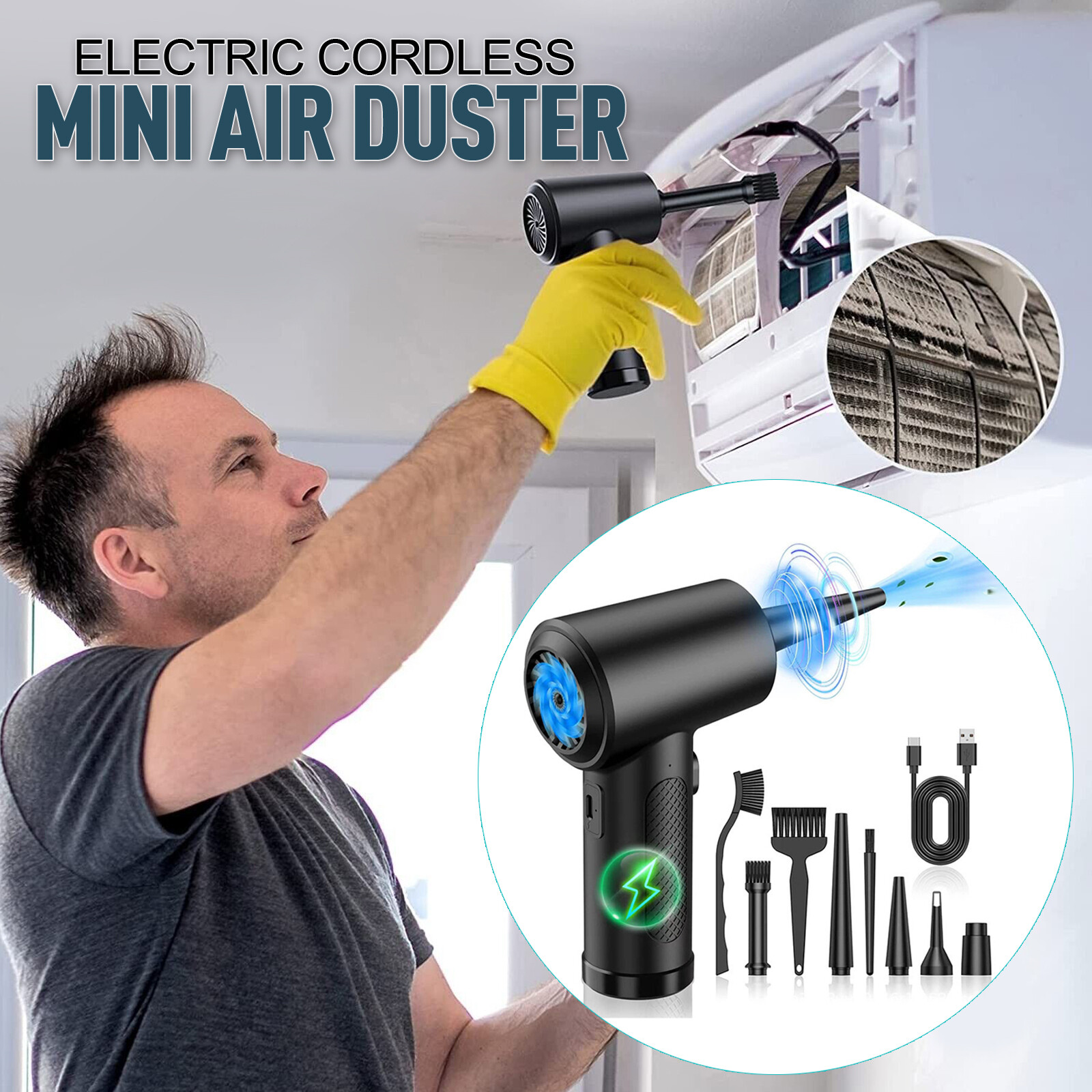 55000RPM Cordless Electric Air Duster Blower&nozzles Brush for PC Car Cleaning