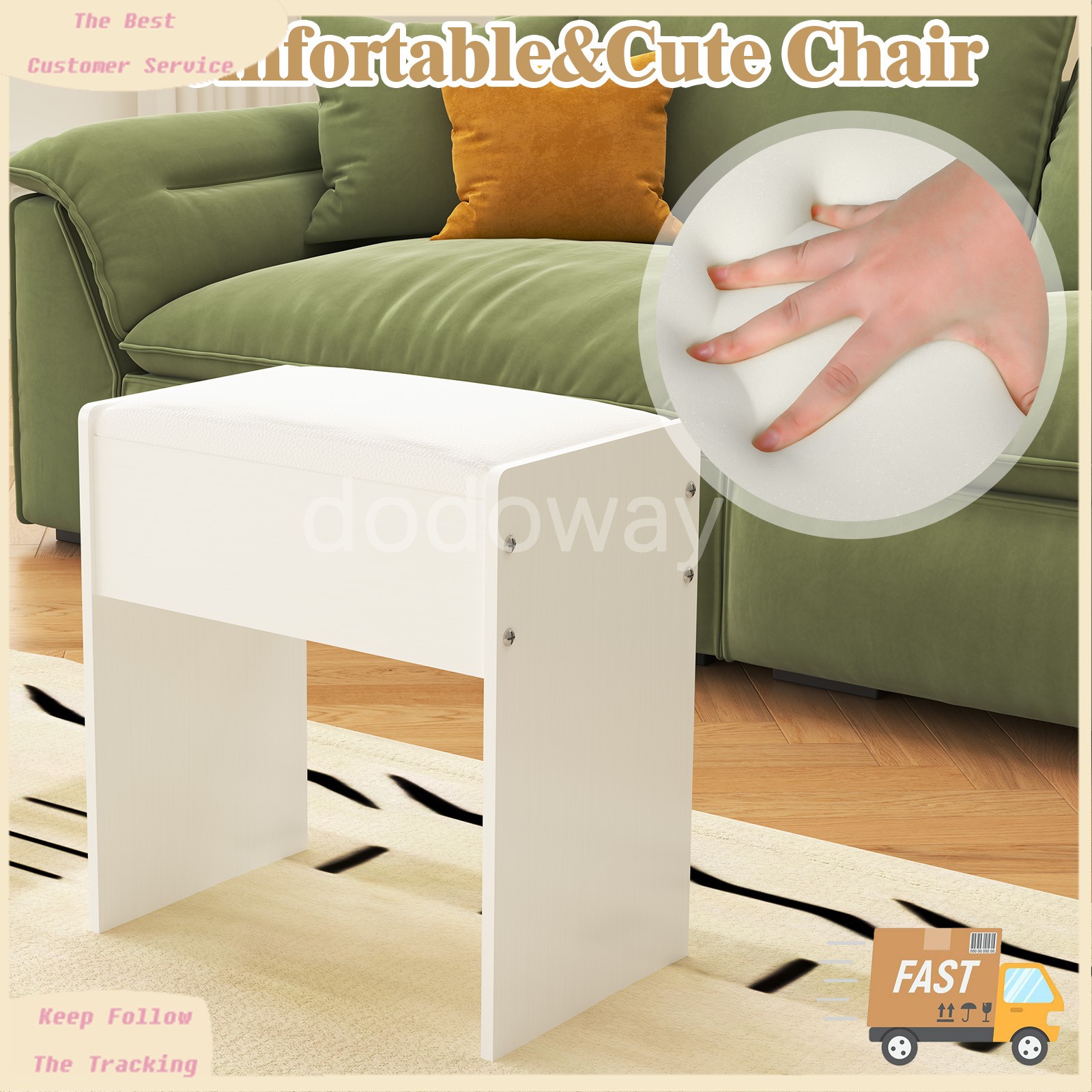White Vanity Makeup Dressing Bench Desk Stool with Cushion Piano Seat Chair