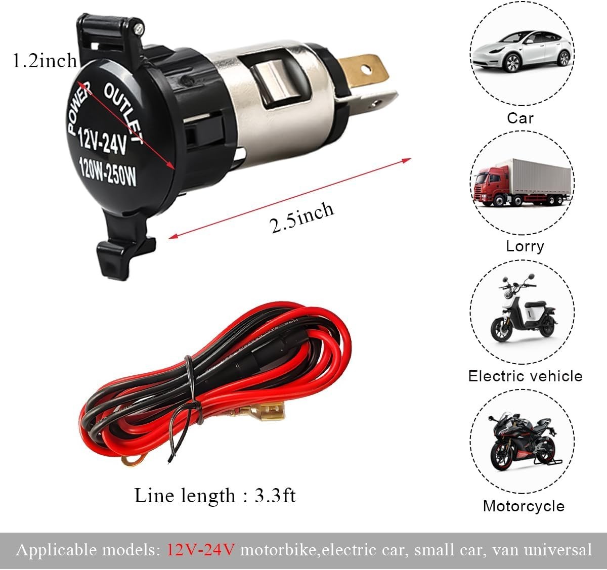 DC 12V Waterproof Cigarette Lighter Power Adapter with Cable, Universal Cigar...