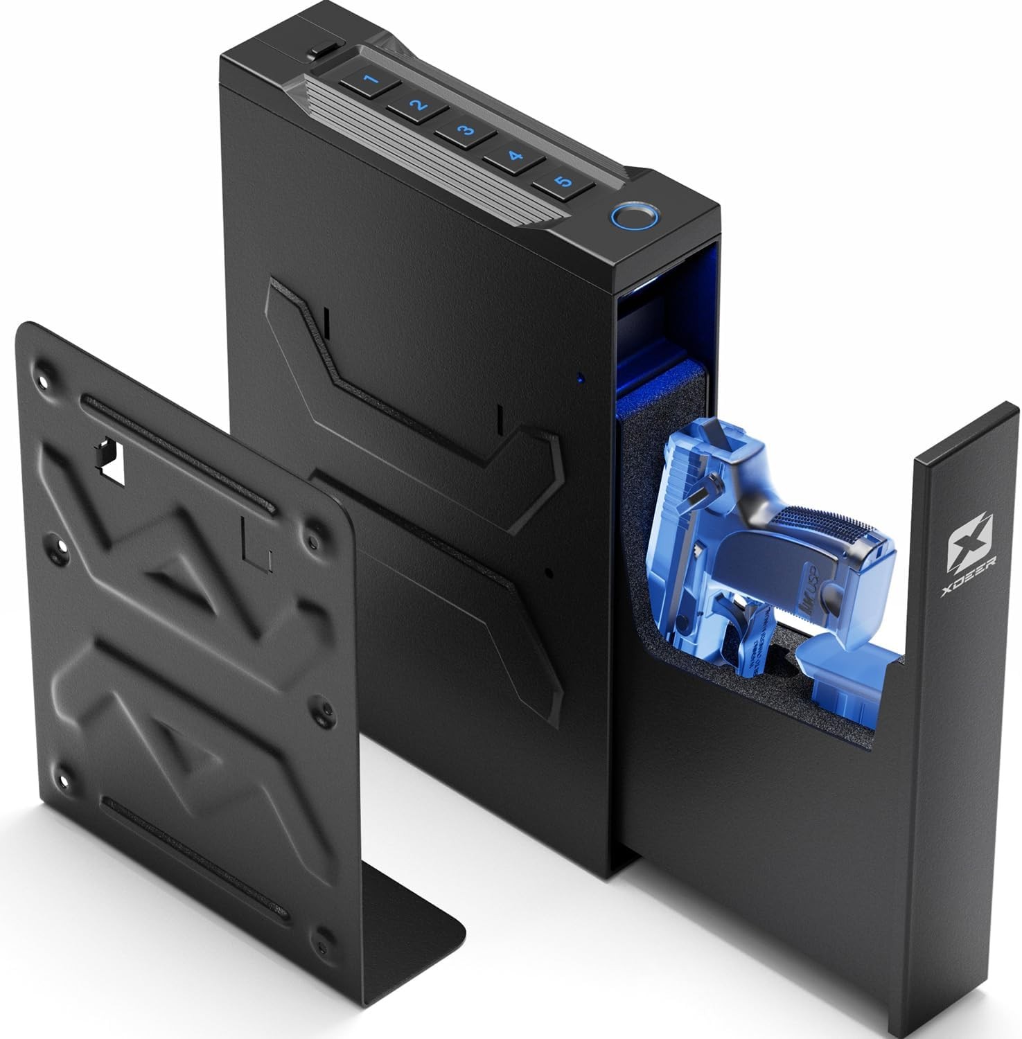 Biometric handgun safe with automatic lid opening and internal lighting.