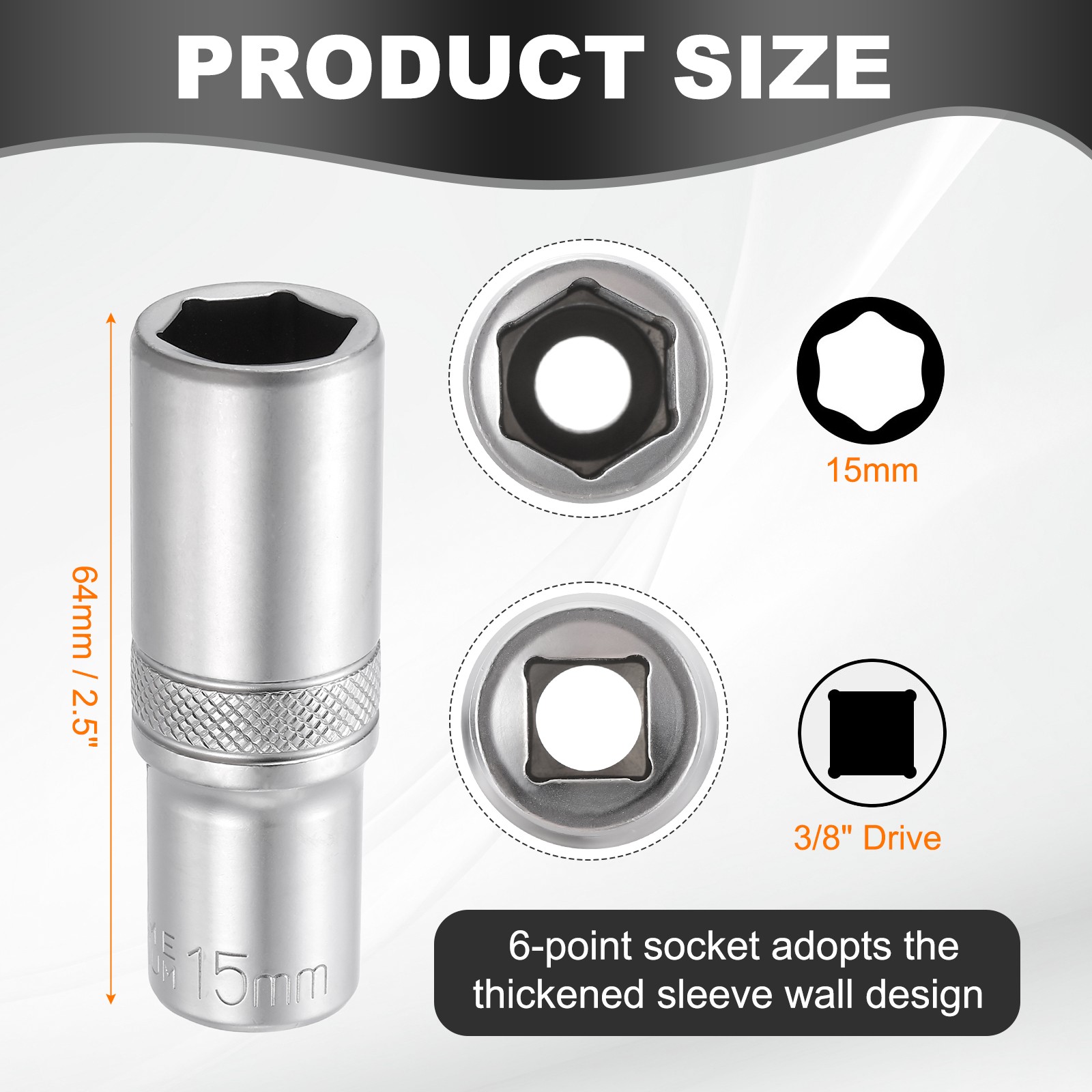 3pcs 6 Points Deep Socket 3/8" Drive 15mm Nickel Plating Impact Socket 2.5" Long