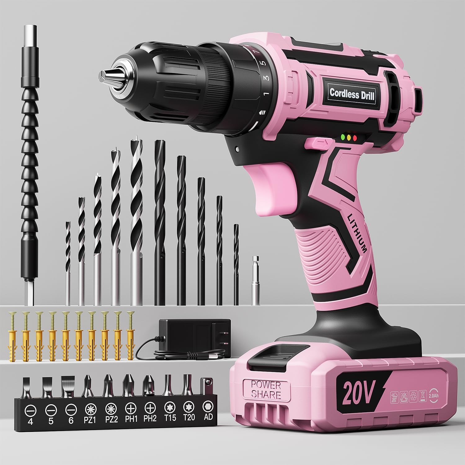 Pink Cordless Drill Set, 20V Electric Power Drill for Women, Lightweight Elec...