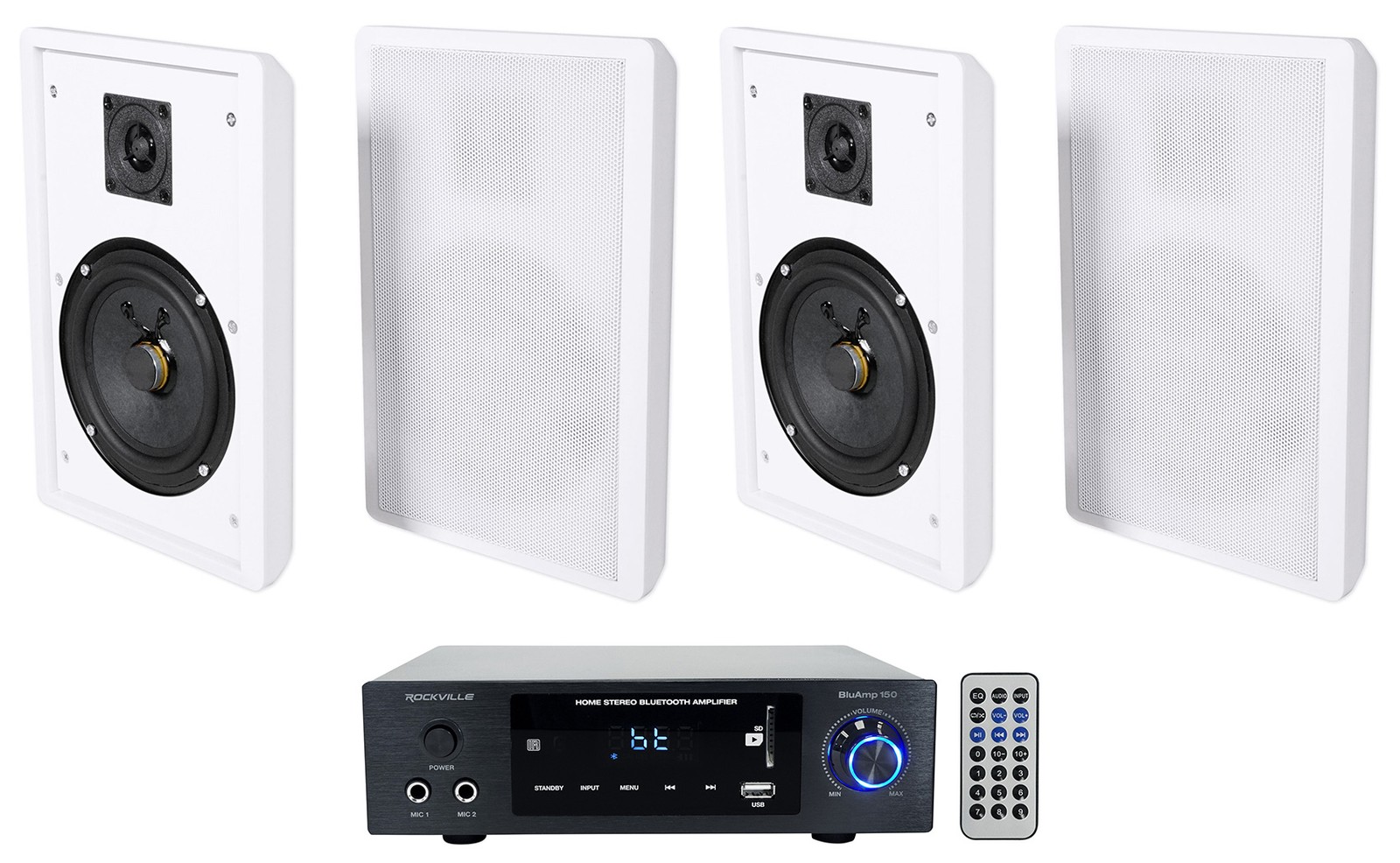 Rockville BLUAMP 150 Home Stereo Bluetooth Amplifier+4 White Wall Mount Speakers