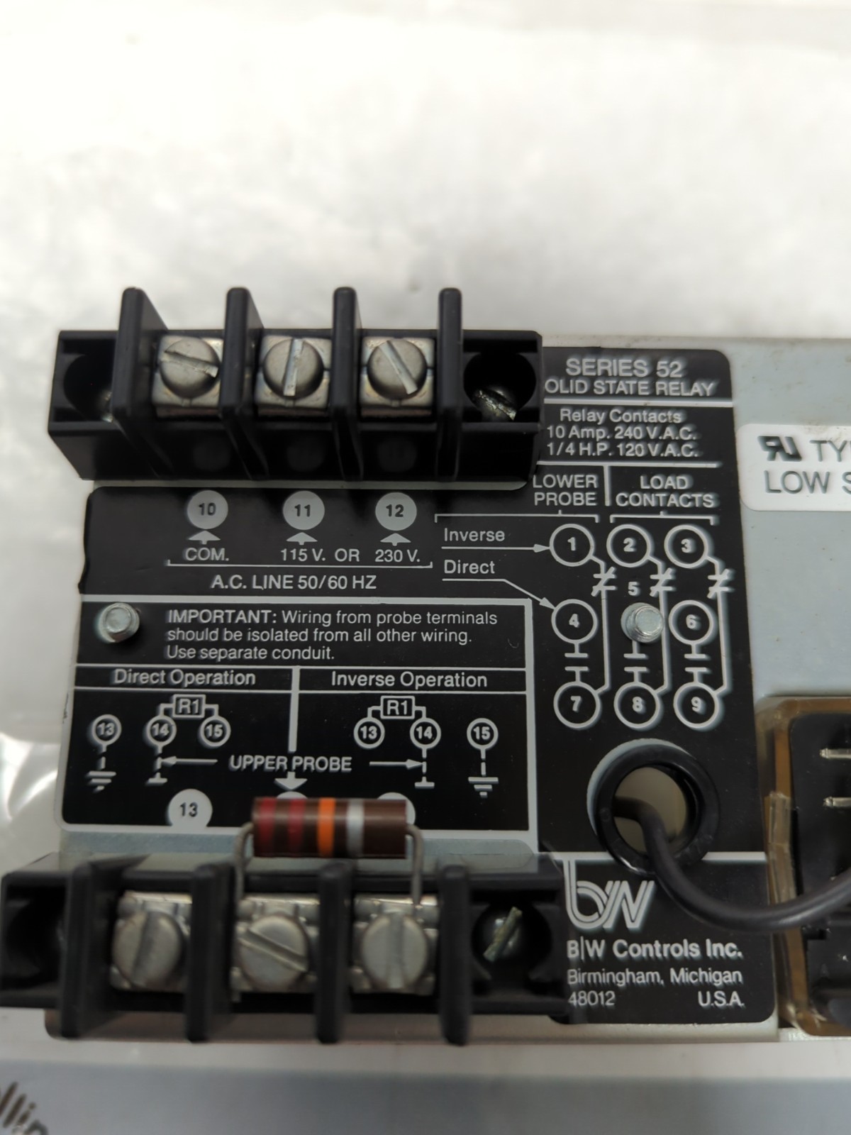 B/W CONTROLS,52-1101,SERIES 52 SOLID STATE RELAY LOW SENSITIVITY 10 A PRE-OWNED