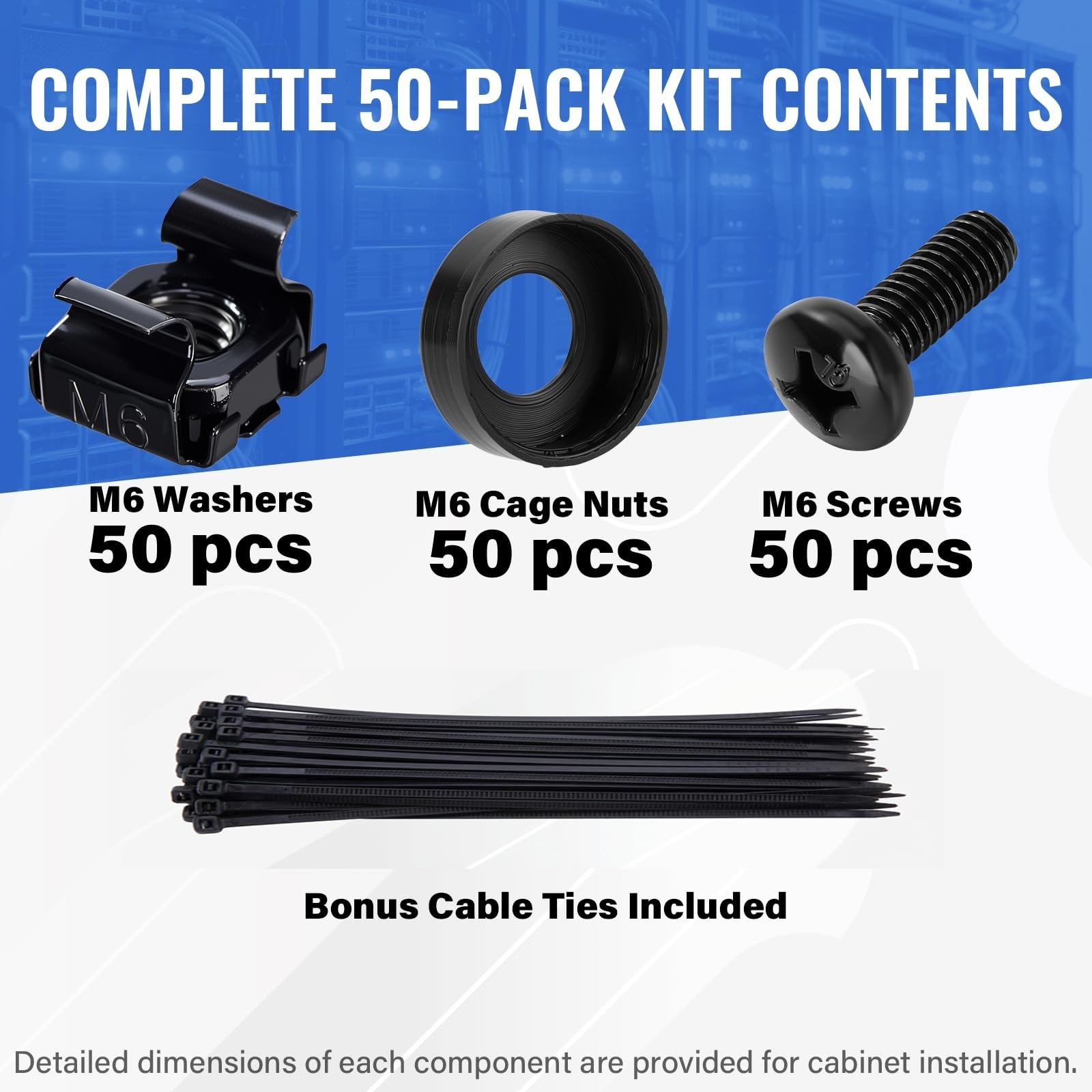 50 Pack M6 x 16mm Rack Mount Cage Nuts, Screws & Washers for Server Cabinet, ...
