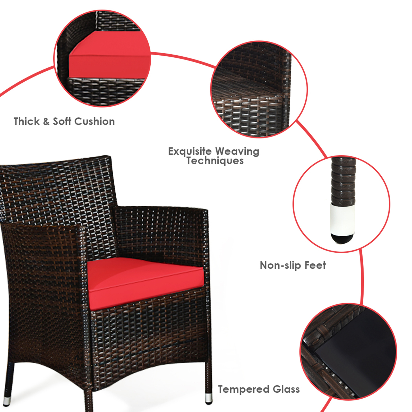4PCS Patio Rattan Conversation Furniture Set Outdoor w/ Red Cushion