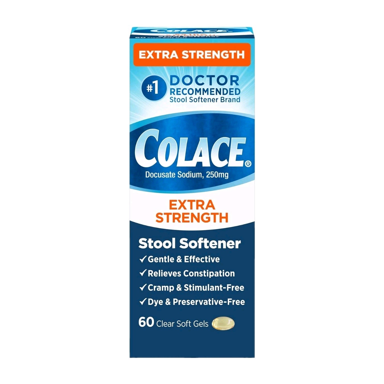 Colace Extra Strength Stool Softener Gentle Constipation Relief 250mg 60Soft Gel