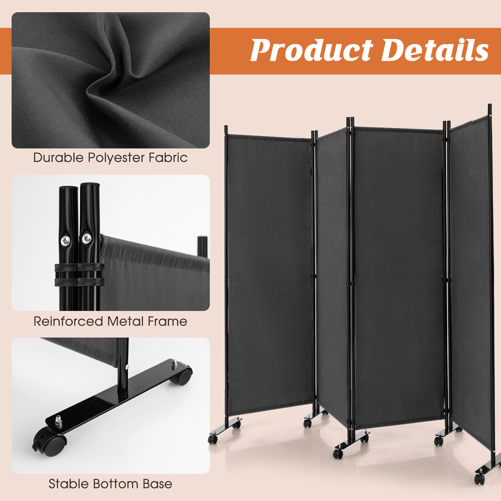 4-Panel Folding Room Divider 6FT Rolling Privacy Screen w/ Lockable Wheels Grey
